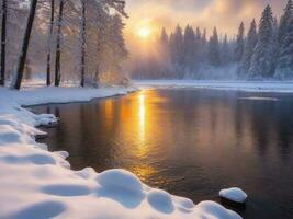 ai généré scénique vue de congelé Lac contre ciel pendant hiver photo