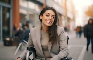 ai généré à la recherche tout droit devant avec souriant femme dans fauteuil roulant photo