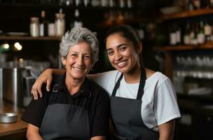 ai généré femelle chefs et barmans ensemble à une café photo