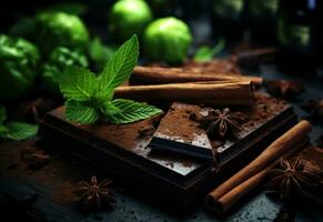 ai généré Chocolat et cannelle sur une table photo