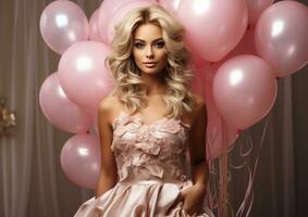 ai généré blond femme en portant nombre huit ballon avec des ballons et une bouquet autour il photo