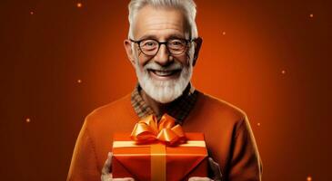 ai généré un plus âgée homme en portant un Orange cadeau boîte photo