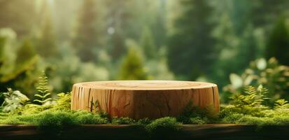 ai généré une petit en bois Plate-forme est assis sur Haut de le légumes verts dans de face de une forêt photo