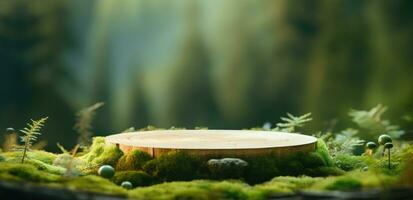 ai généré une petit en bois Plate-forme est assis sur Haut de le légumes verts dans de face de une forêt photo