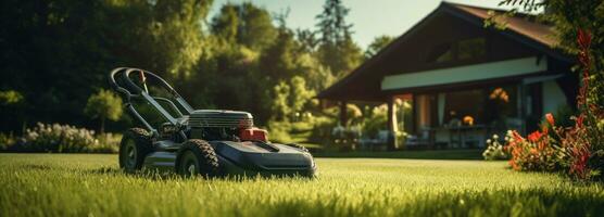 ai généré une pelouse tondeuse est sur une vert pelouse avec une maison dans le Contexte photo