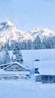 gratuit photo une cabane dans une neigeux champ avec rocheux montagnes et une forêt