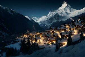 ai généré hiver nuit dans le Suisse Alpes avec neige couvert Maisons et Matterhorn photo