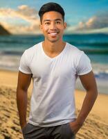 ai généré portrait de une Beau Jeune asiatique homme permanent sur le plage photo
