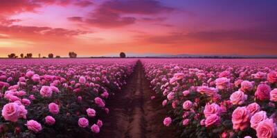 ai généré Rose champ dans le lever du soleil Matin avec magnifique ciel photo