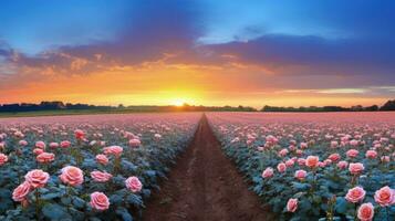 ai généré Rose champ dans le lever du soleil Matin avec magnifique ciel photo