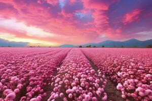 ai généré Rose champ dans le lever du soleil Matin avec magnifique ciel photo