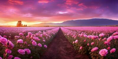 ai généré Rose champ dans le lever du soleil Matin avec magnifique ciel photo