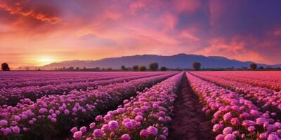 ai généré Rose champ dans le lever du soleil Matin avec magnifique ciel photo