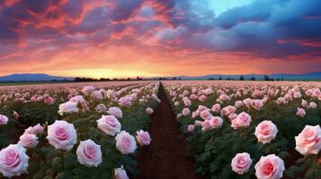 ai généré Rose champ dans le lever du soleil Matin avec magnifique ciel photo