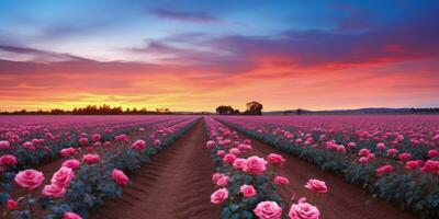 ai généré Rose champ dans le lever du soleil Matin avec magnifique ciel photo