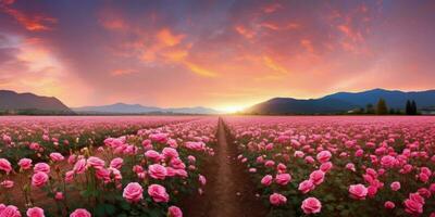 ai généré Rose champ dans le lever du soleil Matin avec magnifique ciel photo