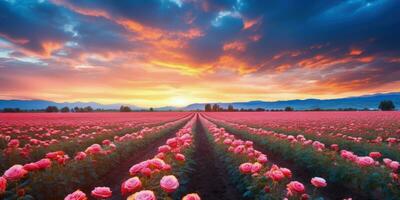 ai généré Rose champ dans le lever du soleil Matin avec magnifique ciel photo