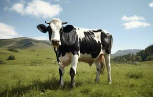 ai généré une noir et blanc vache permanent dans le herbe, photo