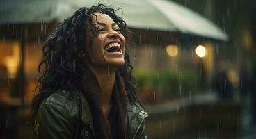 ai généré une magnifique Jeune femme en riant et souriant dans le pluie photo