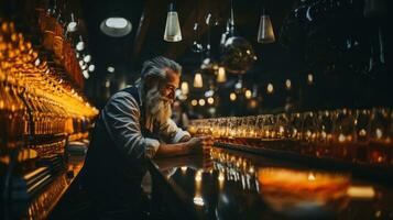 ai généré Sénior homme barbu Brasserie ouvrier avec verre de Bière évaluer ses visuel les caractéristiques après préparation dans En traitement plante. photo