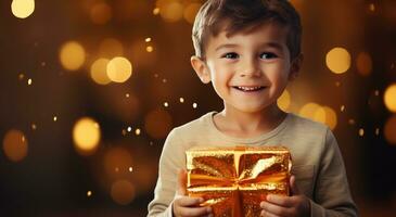 ai généré une peu souriant enfant détient une cadeau boîte dans le sien main, photo