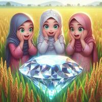 ai généré musulman les filles sont sous le choc à voir géant diamants dans le riz des champs, ai généré. photo