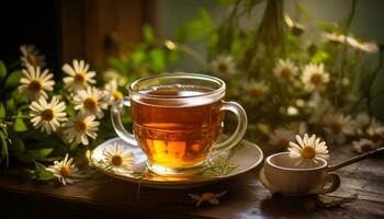 ai généré chaud thé sur une table à côté de camomille fleurs et feuilles photo