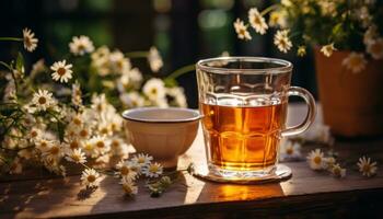 ai généré chaud thé sur une table à côté de camomille fleurs et feuilles photo