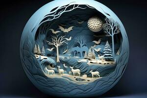 ai généré biologique papier sculpture Terre, des arbres, et animaux dans une bleu environnement, monde Terre journée. photo