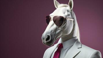 ai généré marrant cheval avec une costume et des lunettes de soleil photo