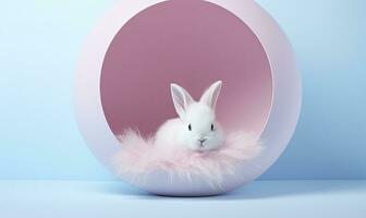 ai généré mignonne lapin prise du repos dans une rond rose Couleur forme lit photo