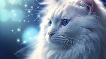 ai généré une mignonne duveteux chat avec brillant bleu yeux regarder à l'extérieur photo