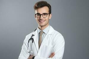 ai généré Jeune Beau médecin avec stéthoscope photo