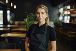 ai généré femelle serveuse dans une noir robe et tablier permanent dans restaurant photo