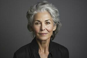 ai généré Sénior femme portrait gris aux cheveux à la recherche à le caméra photo