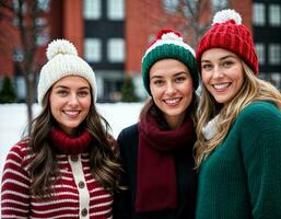 ai généré photo de magnifique femme avec blond cheveux et bonnet chapeau avec content sentiment pendant hiver saison, génératif ai