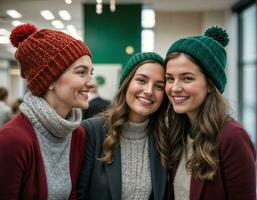 ai généré photo de magnifique femme avec blond cheveux et bonnet chapeau avec content sentiment pendant hiver saison, génératif ai