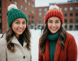 ai généré photo de magnifique femme avec blond cheveux et bonnet chapeau avec content sentiment pendant hiver saison, génératif ai