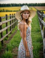 ai généré photo de magnifique femme avec blond cheveux et impression robe et cow-boy chapeau permanent à local ferme sentier, génératif ai