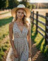 ai généré photo de magnifique femme avec blond cheveux et impression robe et cow-boy chapeau permanent à local ferme sentier, génératif ai