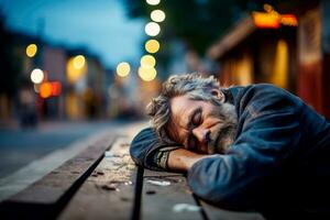 ai généré une sans abri homme sur le rue à en train de dormir . génératif ai photo
