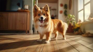 ai généré portrait de adorable chien sur le sol dans moderne chambre, ai génératif photo