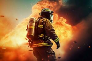 ai généré dynamique image sapeur pompier action dans Feu flammes. produire ai photo