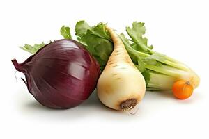 ai généré Frais des légumes sur blanc Contexte. en bonne santé nourriture concept photo