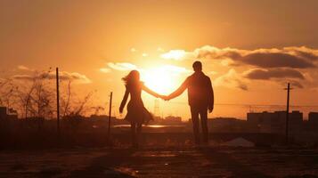 ai généré une couple en portant mains comme le Soleil ensembles derrière eux, ai génératif photo