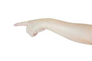 femelle main émouvant ou montrer du doigt à quelque chose isolé sur blanc Contexte photo