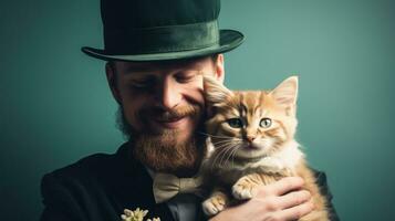 ai généré une barbu irlandais homme dans une Haut chapeau en portant un Orange chat, ai photo
