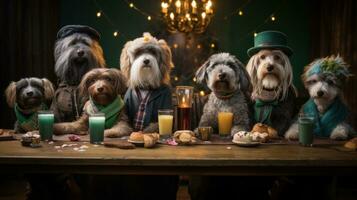 ai généré une groupe de chiens sont séance à une table avec des lunettes et nourriture, ai photo