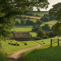 ai généré sérénité dans le Anglais campagne une aperçu dans rural ferme la vie photo