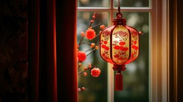 ai généré chinois lanterne pendaison sur fenêtre de maison photo